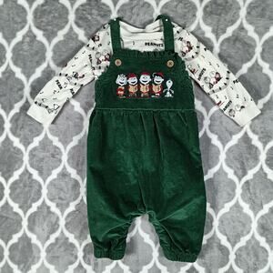 Peanuts Overalls Set Outfit 12M Green Corduroy Christmas Snoopy Charlie Brown